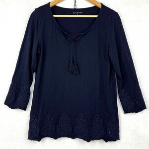 TALBOTS 100% Cotton Solid Dark Blue 3/4 Sleeve Embroidered Detail Pullover Top